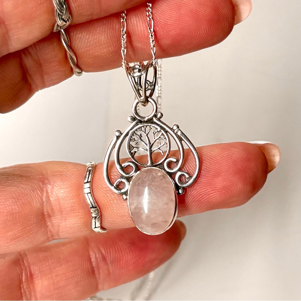 Rose Quartz Gemstone Pendant w/ Tree of Life on a 18 inch Sterling Silver Chain